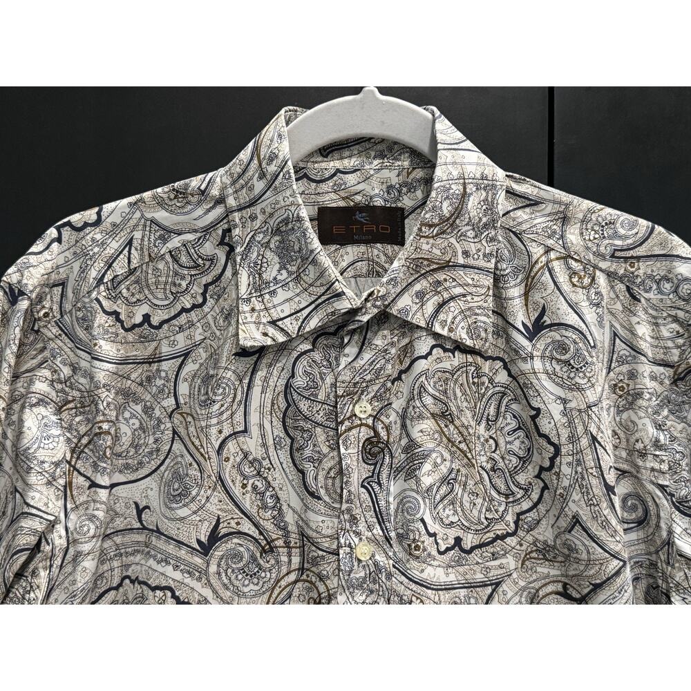 Etro Men’s Button Up Long Sleeve Dress Shirt Paisley 41 Large White - Picture 2 of 13
